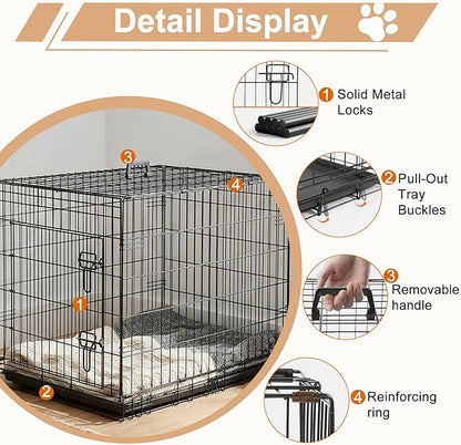 FDW 36" Foldable Metal Dog Crate with Leak-Proof Tray for Medium Dogs, Black