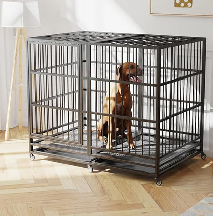 BOLDBONE 54 inch Heavy Duty Indestructible and Escape-Proof Dog Crate Cage Kennel for Large Dogs, High Anxiety Dog Crate with Removable Wire Trays and Wheels, Extra Large XL XXL, Black