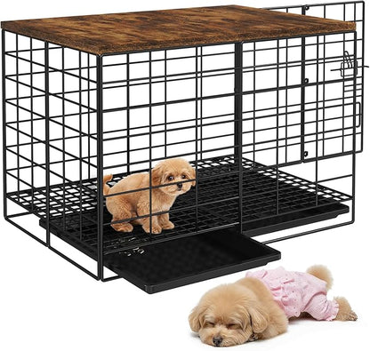 24 Inch Small Dog Crate - Indoor Puppy Kennel with Training Tray, Wooden Top & Thickened Metal Wire, Dog Cage for Small Dogs & Puppies Under 20 lbs, Decorative All-Stage Pet House