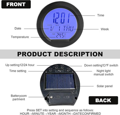 Car Digital Thermometer Clock, Solar Powered Dashboard Clock with Automatic Backlight, 24 Hour Format Time, Temperature, Calendar for Car Truck Home