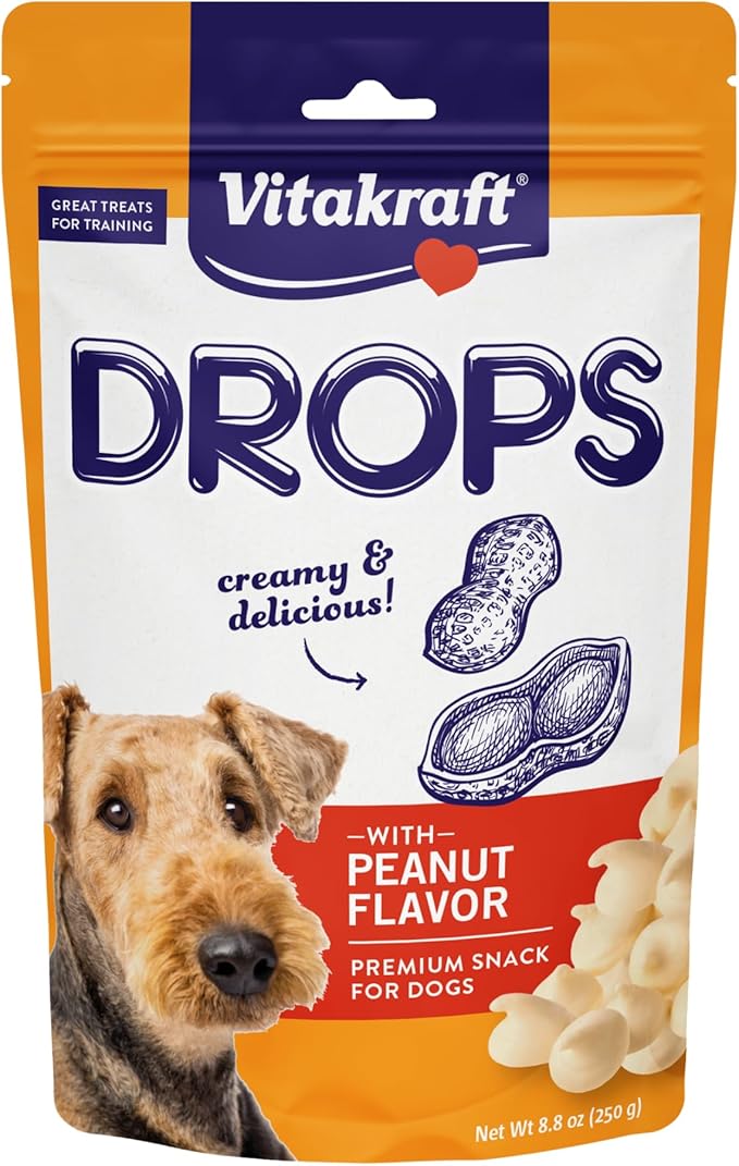 Vitakraft Drops Dog Treats - Peanut Flavor – Grain-Free Training Treats - Real Yogurt & Whey, Added Vitamins A, D3, E, B12, Riboflavin & Niacin – For All Dog Sizes & Ages – Resealable 8.8 oz Bag