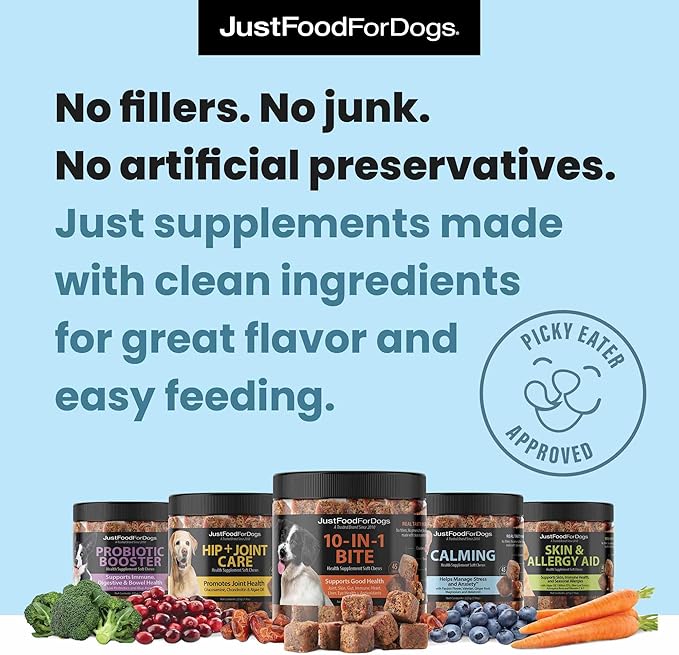 JustFoodForDogs Calming Supplement for Dogs, Human Grade Magnesium and Melatonin Dog Supplements, Promotes Relaxation, Soft Chews, Superfood Blend, Plant Based Dog Vitamins - 45 Count