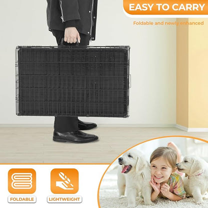 PayLessHere Small Dog Crate Kennel 24 inches Metal Dog Cage Double-Door Folding Travel Indoor Outdoor Puppy Playpen with Divider and Handle Plastic Tray,Black