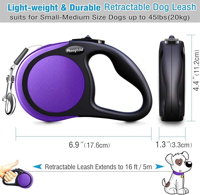 Heavy Duty Retractable Dog Leash-16ft Strong & Durable Walking Leash for S to L Dogs up to 45/115 lbs, Upgraded Lock System, Non Slip Grip, Tangle Free (Purple, Small/Medium)
