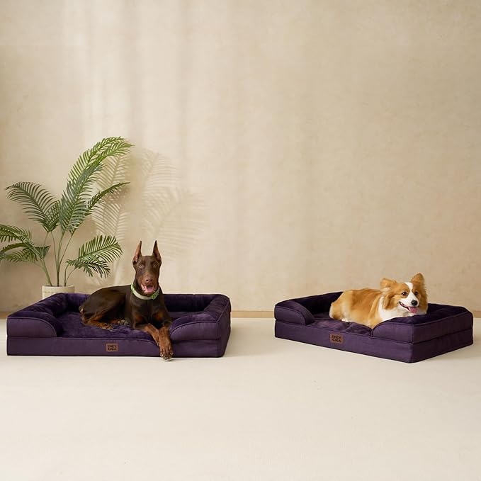EHEYCIGA Orthopedic Dog Beds for Extra Large Dogs, Waterproof Memory Foam XXL Dog Bed with Sides, Non-Slip Bottom and Egg-Crate Foam Big Pet Couch Bed with Washable Removable Cover, Purple