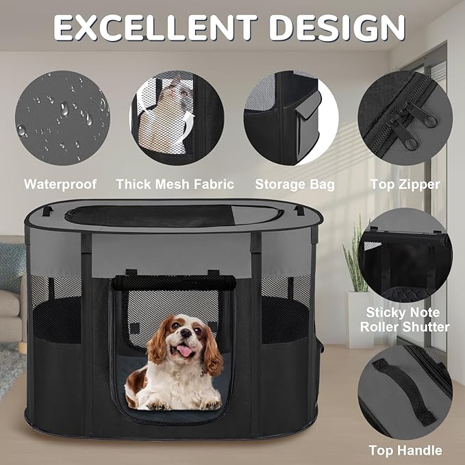 Portable Dog Cat Playpen with Waterproof Pad,Collapsible Pet Puppy Kitten Crate,Foldable Small Animals Kennel Cage for Indoor Outdoor Travel Camping,Water-Resistant Breathable Shade Cover (Grey M)