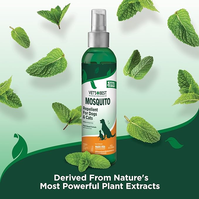 Vet's Best Natural Mosquito Repellent Spray for Dogs and Cats – Plant-Based Protection with Certified Essential Oils – DEET-Free Outdoor Pest Repellent for Pets – Natural and Safe – 8 oz Bottle