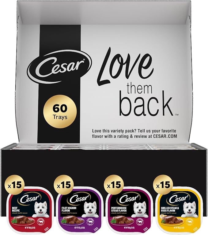 Cesar Wet Dog Food Classic Loaf in Sauce, Filet Mignon Flavor, Porterhouse Steak Flavor, Grilled Steak & Eggs Flavor, and Beef Flavor, 3.5 oz. Easy Peel Trays, Variety Pack, 60 Count