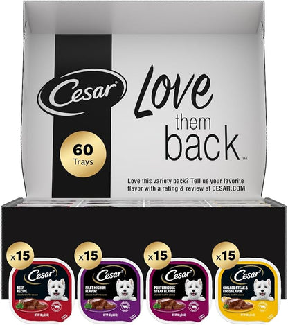 Cesar Wet Dog Food Classic Loaf in Sauce, Filet Mignon Flavor, Porterhouse Steak Flavor, Grilled Steak & Eggs Flavor, and Beef Flavor, 3.5 oz. Easy Peel Trays, Variety Pack, 60 Count
