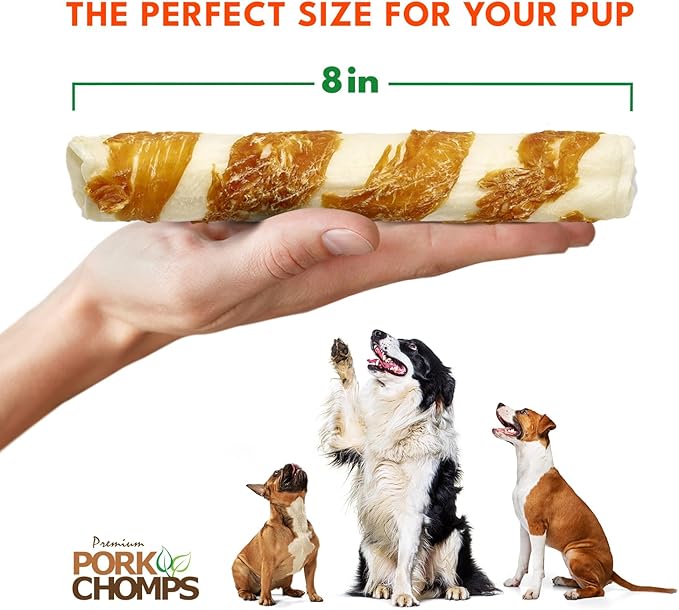 Pork Chomps Baked Pork Skin Dog Chews, 8-inch Rolls, Real Chicken Wrap, 2 Count (Pack of 3)