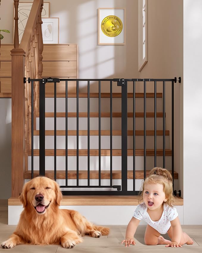 InnoTruth 29.5–40.75" Baby Gate for Stairs, 28" Tall Dog Gates for Doorways & Hallways, Safety Gate for Kids & Pets, Pressure-Mounted Walk-Through with Dual Lock & 2-Way Swing, Black