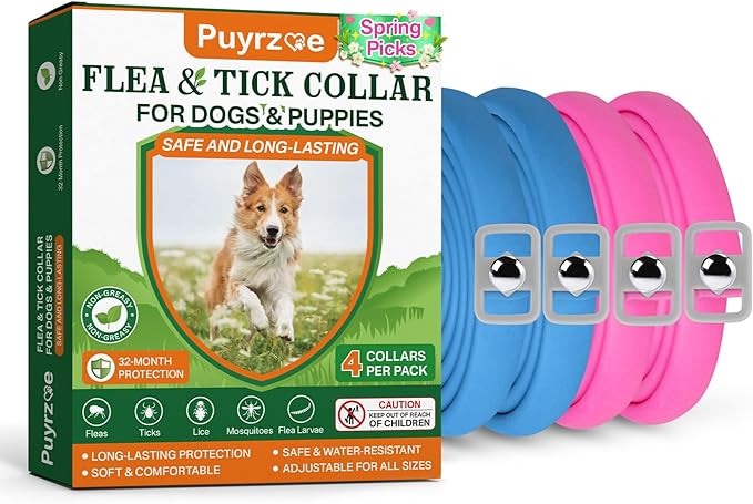 Puyrzoe Flea and Tick Prevention for Dogs Collar 4 Pack, Natural Flea Collar for Dogs 32-Month Full Protection, Adjustable Dog Tick Prevention for Puppy & Dog, Waterproof, 2 Pink & 2 Blue