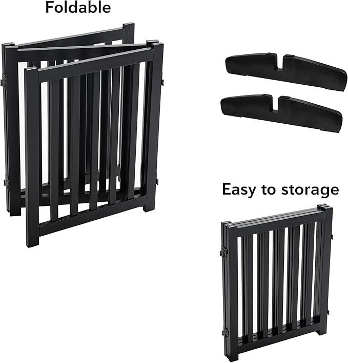 LZRS Freestanding Dog Gate 30 inch Tall - 3 Panels Solid Wooden Pet Gate for Doorways, Stairs & Hallways, Expandable & Foldable with Support Feet，Indoor Use,Black
