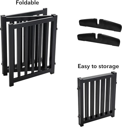 LZRS Freestanding Dog Gate 30 inch Tall - 3 Panels Solid Wooden Pet Gate for Doorways, Stairs & Hallways, Expandable & Foldable with Support Feet，Indoor Use,Black