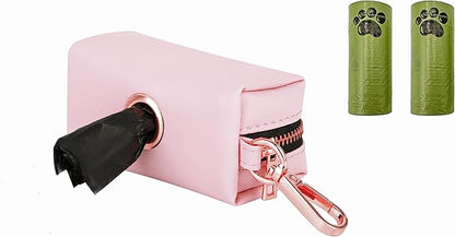 Dog Collar and Leash Set.Soft and Easy to Clean Vegan Leather with Rose Gold Metal Buckle for Small Medium Large Dogs (Pink-, Poop Bag Dispenser)