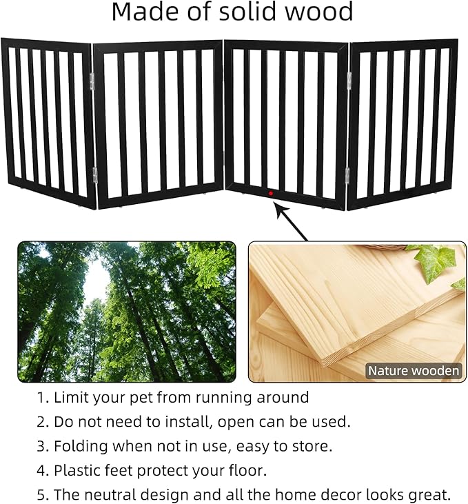 ZJSF Freestanding Indoor Dog Gate for House Foldable Wood Black Puppy Gate for Doorways Pet Gate for Stairs Extra Wide Pet Fence 24" Height 4 Panels