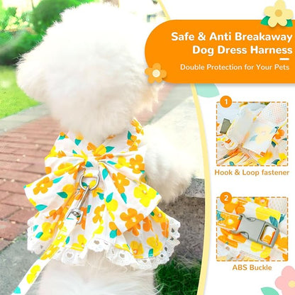 ABRRLO Dog Harness Dress Leash Set for Small Dog Summer Clothes Girl Female Puppy Cats Outfits Cute Floral Bowknot Princess Birthday Dress for Extra Small Pet Doggie Kitten Outfits Apparel(Yellow,L)