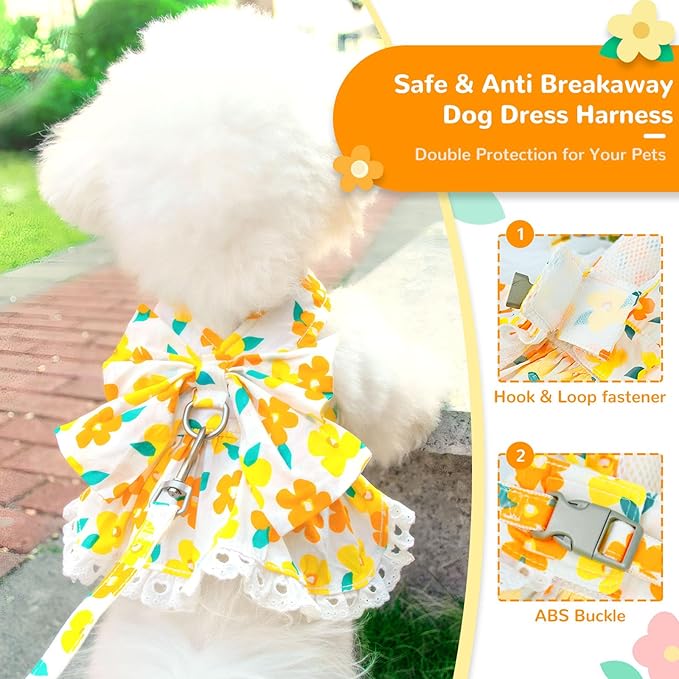 ABRRLO Dog Harness Dress Leash Set for Small Dog Summer Clothes Girl Female Puppy Cats Outfits Cute Floral Bowknot Princess Birthday Dress for Extra Small Pet Doggie Kitten Outfits Apparel(Yellow,M)