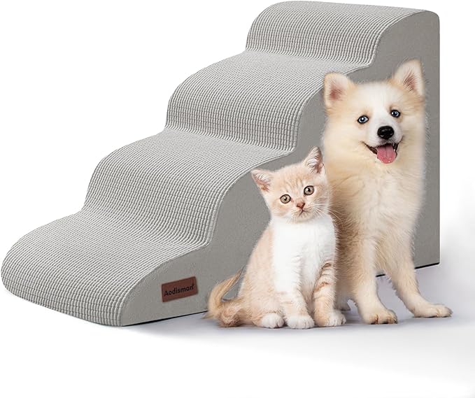 Aodisman 4-Step Dog Stairs and Ramp for Beds or Couches,Non-Slip Sturdy Pet Steps for Small Dogs and Cats,17.4" H,Light Grey