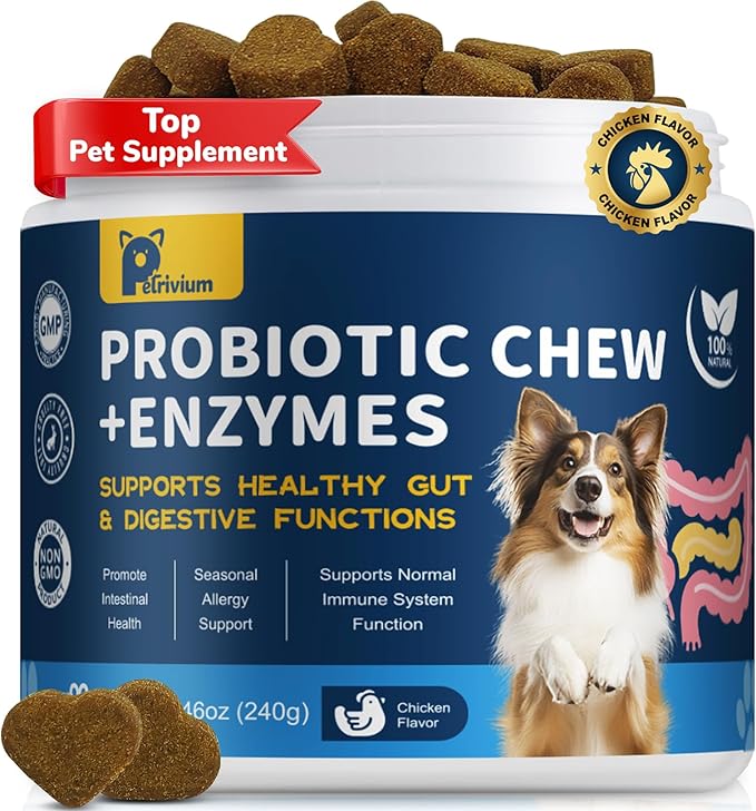 Probiotics for Dogs Supports Digestive Health, Natural Probiotic Supplement with Digestive Enzymes and Prebiotic, Probiotic Chews for Dogs Gut Health, Relieve Diarrhea, Itchy Skin, Enhance Immunity