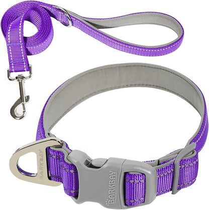 Dog Collar for Medium Small Large Dogs Reflective with Leash,Collar and Leash for Dogs,Soft Neoprene Padded 2 Pack(Purple,S)