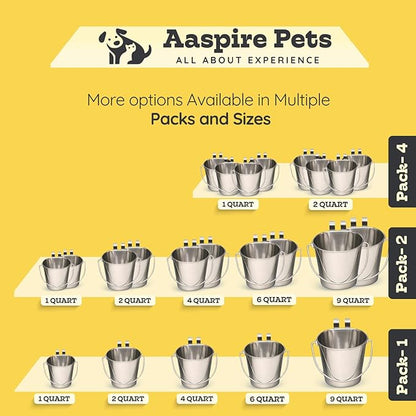 2 Quart Stainless Steel Flat Sided Bucket with Dual Hooks | 4 Pcs Durable Food & Water Bowl for Dog Cats Bird & Small Animals | Fits kennel Cage Crates Hanging Pet Pail | Multipurpose use