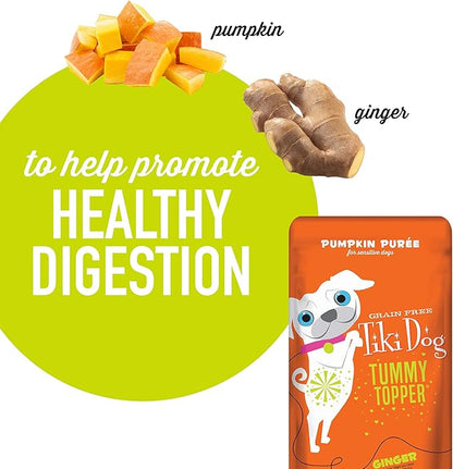 Tiki Dog Single-Serve Tummy Topper, Grain-Free Pumpkin Purée with Ginger for Sensitive Stomachs, 1.5oz Pouches (Pack of 12)