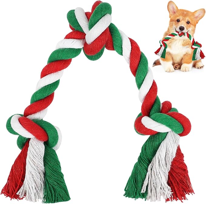 SZEE Dog Rope Toy, 14 in 3 Knots Christmas Dog Chew Toys for Medium and Small Dogs, Pull Toy for Tug of War and Teeth Cleaning (Red & Green)