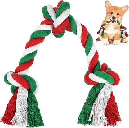 SZEE Dog Rope Toy, 14 in 3 Knots Christmas Dog Chew Toys for Medium and Small Dogs, Pull Toy for Tug of War and Teeth Cleaning (Red & Green)