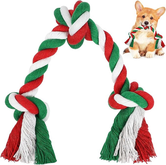 SZEE Dog Rope Toy, 14 in 3 Knots Christmas Dog Chew Toys for Medium and Small Dogs, Pull Toy for Tug of War and Teeth Cleaning (Red & Green)