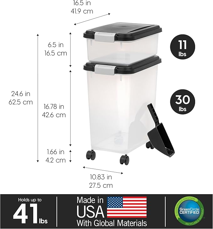 IRIS USA Dog Food Storage Container 30 lb + 11lb Airtight Combo, Stackable Pet Food Storage Bin with Wheels for Cat Dog Food, BPA Free, Made in USA, Black