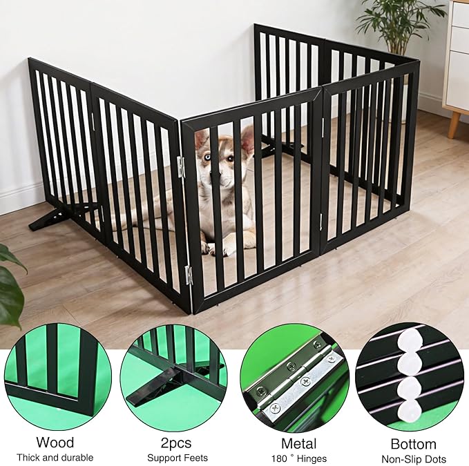 ZJSF Freestanding Indoor Dog Gate for House Foldable Wood Puppy Gate for Doorways Pet Gate for Stairs Extra Wide Pet Fence, Black, 32" Height 6 Panels