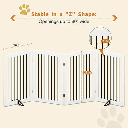 PUPETPO Freestanding Pet Gate for Dogs, Indoor Wooden Dog Gate for House, Foldable Dog Gate for Doorway, Stair, Gates for Dogs Indoor, 80 Inch Wide, 4 Panels 32", White