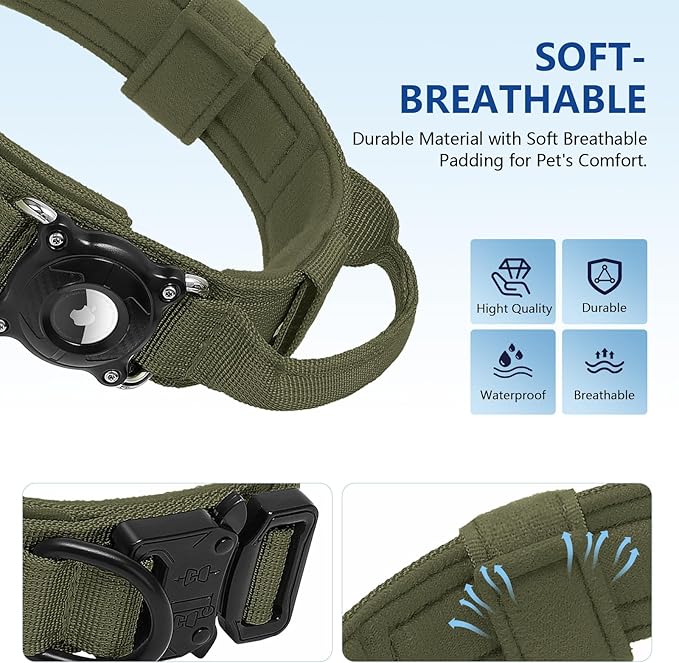 AirTag Dog Collar with QR Code, Tactical Waterproof AirTag Holder, Smart No-App ID Tag for Lost Pet Recovery, Padded Comfort for Medium and Large Dogs (Green,M)