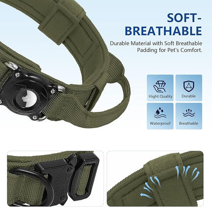 AirTag Dog Collar with QR Code, Tactical Waterproof AirTag Holder, Smart No-App ID Tag for Lost Pet Recovery, Padded Comfort for Medium and Large Dogs (Green,M)
