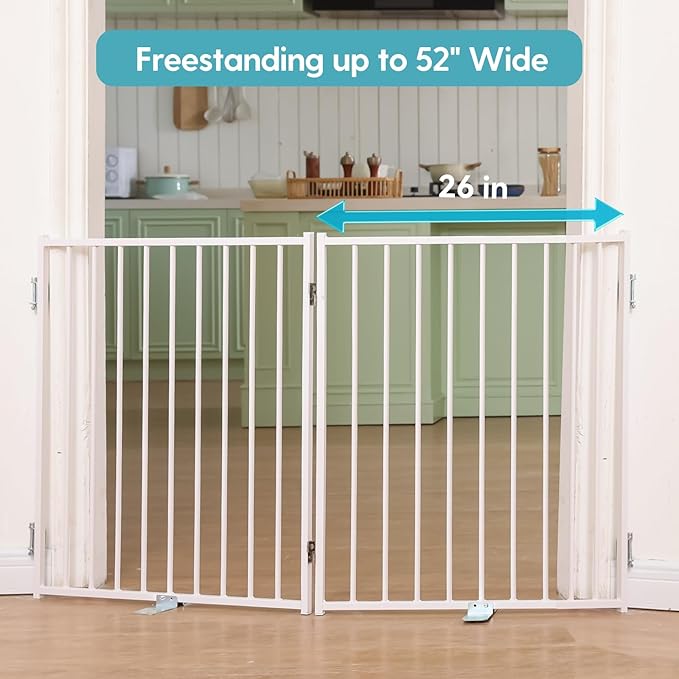 No Pawblems Free Standing Dog Gate, 30" Tall Foldable Dog Fence for Indoor, Up to 52 Inch Extra Wide Puppy Gate Extension for Stairs, Hallways, Doorways, Deck, Yard (White, 2 Panels)