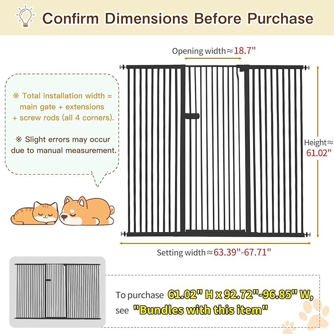 Lumizone Extra Tall Cat Gate 61.02" High Pressure Mounted Extra Wide 2025 New (17 Sizes) 1.37" Gap No Drilling Auto-Close One-Handed Operation Tall Pet Gate for Dogs(Black, 61.02" H x 63.39"-67.71" W)