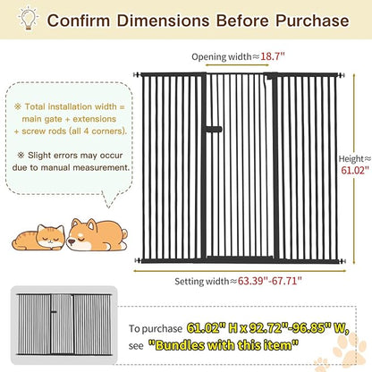 Lumizone Extra Tall Cat Gate 61.02" High Pressure Mounted Extra Wide 2025 New (17 Sizes) 1.37" Gap No Drilling Auto-Close One-Handed Operation Tall Pet Gate for Dogs(Black, 61.02" H x 63.39"-67.71" W)