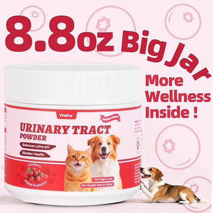 Wellix 8.8oz Large Dog and Cat Urinary Supplement - Rich in Omega-3,Cranberry for Cat UTI Treatment -Urinary Tract Podwer for Bladder & Kidney Support - Mixing with Dog&Cat Food Topper