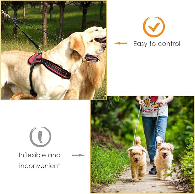 AUTOWT Double Dog Leash, No Tangle 360°Swivel Rotation Reflective Lead Attachment Adjustable Length Dual Two Dogs Lead Splitter, Comfortable Shock Absorbing Walking Training for 2 Dogs