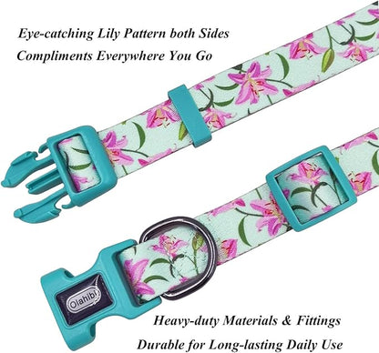 Dog Collar Leash Set, Floral Pattern, Polyester Material, Adjustable Collar and 5ft Matchcing Leash, for Medium Dogs.(M, Green Lily)