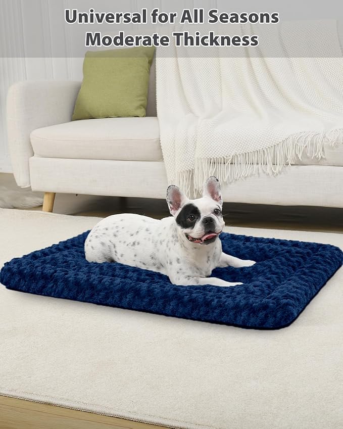 Washable Dog Bed Mat Soft Dog Crate Pad Fluffy Pet Kennel Beds Sleeping Mattress with Non-Slip Bottom for Large Jumbo Medium Small Dogs, 47 x 29 Inch, Blue
