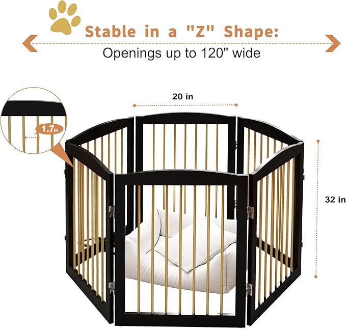PUPETPO Freestanding Pet Gate for Dogs, Foldable Wooden Dog Gate for House, Extra Wide Indoor Pet Barrier for Stair, Doorway, Hall, Support Feet Included, 120 Inch Wide, 6 Panels 24",Black&Gold