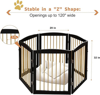 PUPETPO Freestanding Pet Gate for Dogs, Foldable Wooden Dog Gate for House, Extra Wide Indoor Pet Barrier for Stair, Doorway, Hall, Support Feet Included, 120 Inch Wide, 6 Panels 24",Black&Gold