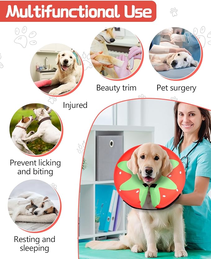 MIDOG Soft Inflatable Dog Cone,Donut E-Collar Alternative for After Surgery, Prevents Licking,Allowing Normal Eating & Vision,Comfortable Recovery Collar for Small Medium Large Dogs&Cats,Strawberry-XL