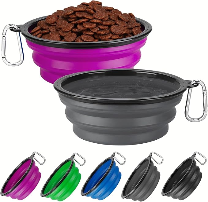 Collapsible Dog Bowl Large 2 Pack, Dog Water Bowls for Travels, Portable Foldable Pet Bowls Feeding Watering Dish for Parking Walking Camping with 2 Carabiners Clip (34oz, Large, Grey+Purple)