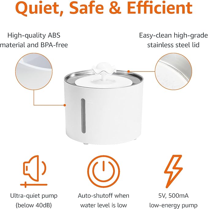 Amazon Basics Large Capacity Pet Water Fountain with Stainless Steel Top, Ultra Quiet, Easy to Clean, BPA Free, 3L, White, 3 Filters Included