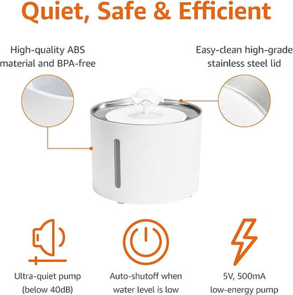 Amazon Basics Large Capacity Pet Water Fountain with Stainless Steel Top, Ultra Quiet, Easy to Clean, BPA Free, 3L, White, 3 Filters Included