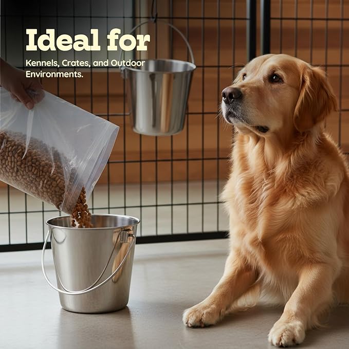 6 quart Heavy Duty Stainless Steel Round Bucket with Handle 2 Pcs | 1.5 gal Sturdy Food & Water Bowl for XL Dog Goat sheep & Livestock | Fits kennel Crate Cage Farm | Hanging Utility Pail