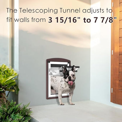Dog Door for Wall, Dog Door with Double Magnetic Flaps, Double Lock Panels, Steel Frame and Telescoping Tunnel, Doggie Door for Interior and Exterior Wall, Medium, Coffee Color